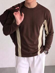 Men's Vintage Brown Side Colorblock Vertical Stripe Crew Neck Long Sleeve T-Shirt, Spring/Autumn Casual Commuter Base Layer Top - Brown - View 2