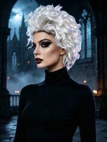 1pc White Fluffy Voluminous Short Curly Wig, Heat Resistant Fiber High Wizard Costume Hair, Medieval Castle Party & Stage Show, Easy To Wear, Create Cold Dignified Mysterious White Wizard Look - View 1