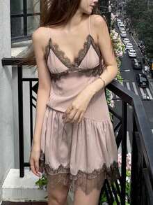 GMFP Women's Summer/Autumn Casual Elegant Fashion Lace Patchwork Pink Party Spaghetti Strap Dress, World Cup, Holiday Season, Independence Day Outfit - Pink - View 4