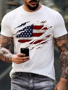 toff, locker geschnittenes Kurzarmshirt mit 3D-Flaggen-Druck, Rundhals, geeignet für Freizeit- und Sportbekleidung, geeignet für Fitnessstudio, Outdoor, Freizeitkleidung - Hemd im amerikanischen Stil für Männer - Schwarz - Übersicht 8