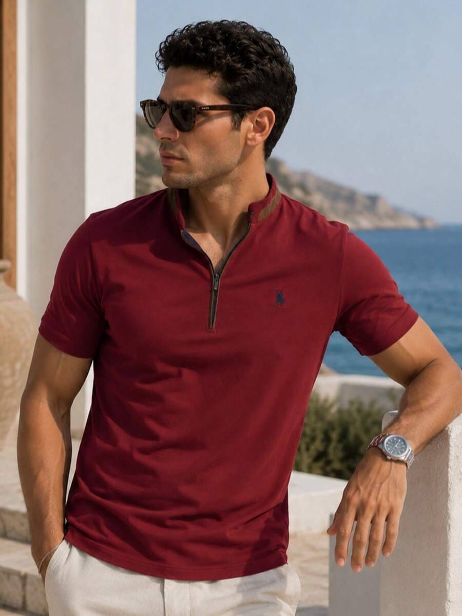 T8571 DEWBERRY Men T-SHIRT WITH ZIPPER - Burgundy - View 1