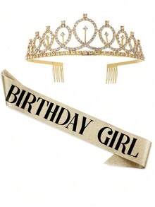 Birthday Sash & Rhinestone Crown 2pcs Set, Birthday Sash & Belt Crown, Women's Birthday Crown & Headpiece - A - View 3
