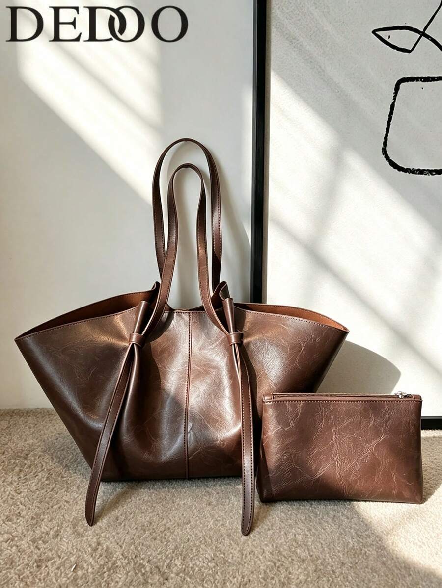 Women's Soft PU Trapezoid Tote Bag, Solid Color Minimalist Tie Detail, Large Capacity Commuter Shoulder Bag, Suitable For Daily Office, Spring/Summer - Coffee - View 1