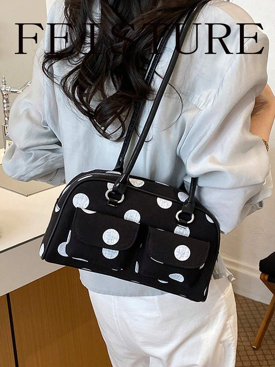 FEISTURE 1件波點印花多口袋女款單肩包，時尚手提保齡球包，適合女孩、女性、大學生、職場新人與白領上班族，完美適用於工作、商務、通勤、上學