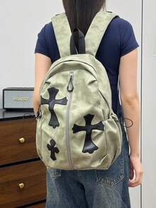 [Gothic Cross Backpack | 5 Colors Available . Dark Essential] Front Zipper + Side Drawstring Design, Practical And Stylish; Thick Breathable Back Padding + Adjustable Shoulder Straps, Comfortable To Wear Without Shoulder Pressure. Large Capacity, Perfect For Daily Commute, Short Trips, School, Shopping And Photo-Worthy Outfits! - Multicolor - View 4