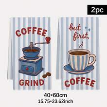 2PCS Blue Striped Coffee Healing Theme Printed Kitchen Towels, 40*60cm Rectangular Microfiber Dish Cloths, Tablecloths, Hand Towels, Kitchen Decor, Home Decor, Housewarming Gift For Neighbors, Perfect For Kitchen And Bathroom Use, Suitable For Housewives And Family Gatherings, High Cost-Performance, Home Essential - Royal Blue - View 12
