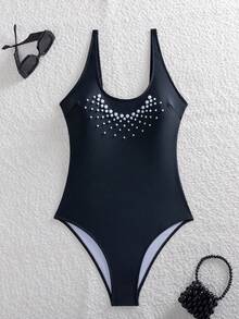 Novo Maiô Feminino de Cor Sólida Casual Elegante em Tecido de Malha com Amarração e Contas, Adequado para Praia & Resort, Preto, Férias de Verão - Preto - Visão 6
