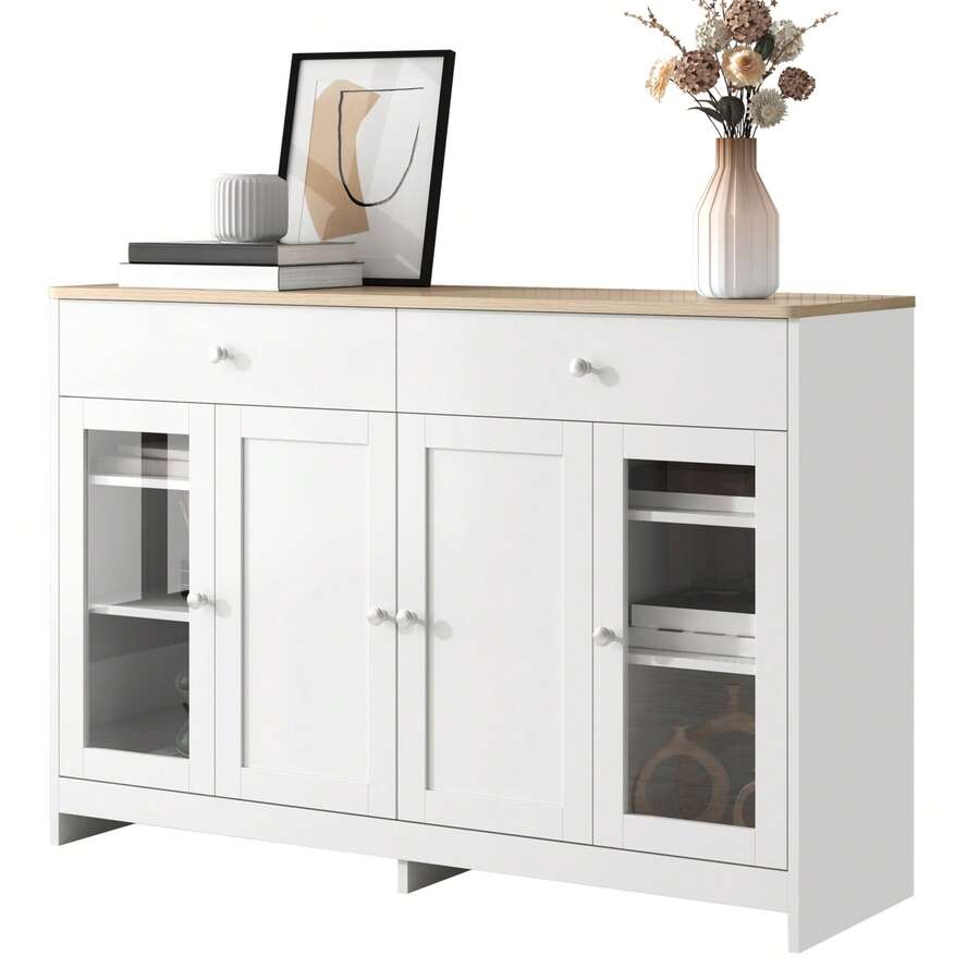 White Sideboard With Wooden Inlay - 4 Doors And 2 Drawers - 白色 - 查看 1