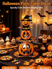 1 Set Halloween 3-Tier Cake Stand, Paper Tray, Handmade Foldable Assembly Cake Holder. Colorful Pumpkin Castle Suitable For Party Tabletop Decoration, Dessert Table Decoration Props. Party Dessert Tray, Display Rack. Halloween Party Essential. Dining Table Essential. Home Decor Essential. - Multicolor - View 3