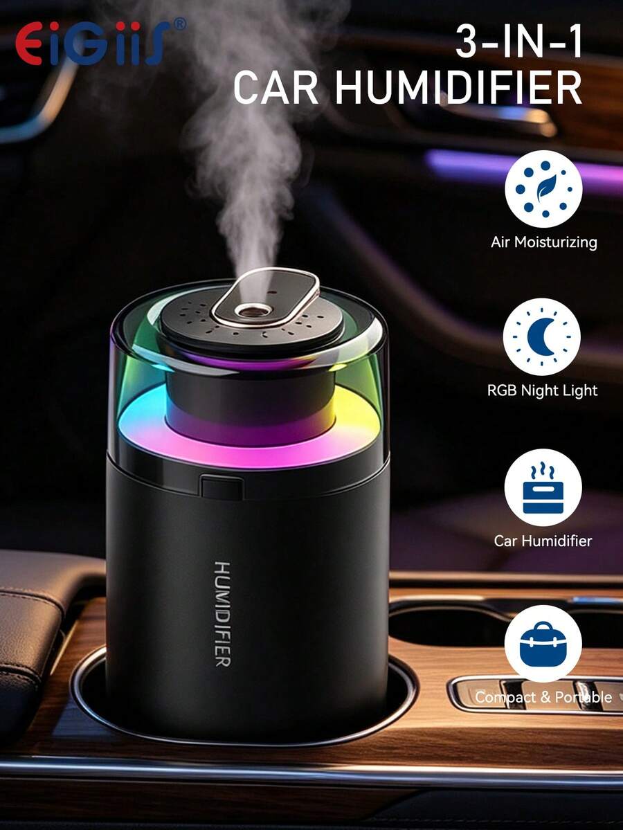 EIGIIS 1pc Portable Mini Humidifier, 180ml Small Humidifier With 2 Modes Large Spray, USB Personal Desktop Humidifiers For Home Bedroom Car Office Travel Yoga With 7 Color LED Light, Bass Work - A - View 1