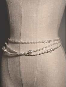 1 Peça Corrente Transversal de Pérola com Design de Moda, Múltiplos Estilos de Uso, Camisete Vestível, Corrente de Peito, Corrente de Cintura, Corrente Decorativa, Corrente de Cintura de Pérola Branca Elegante e de Alta Qualidade - Branco - Visão 5