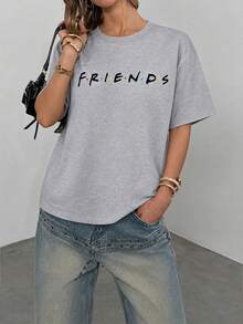 SHEIN X FRIENDS Summer Women Grey Double Sided Door Character Graffiti Letter Print Loose Casual Short Sleeve Tee - Light Grey - View 2