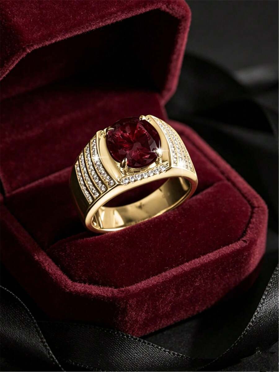 1pc Men's Fashion Ring, Vintage Business Alloy Inlaid Cubic Zirconia Decorative Finger Ring, Suitable For Daily Wear, Gift, Anniversary, Party Jewelry - Gold - View 1