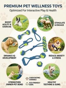 PETSIN 7件套耐用狗狗磨牙玩具套装，适合小型至中型犬，结实耐用的拔河玩具，采用双色编织绳，有助于清洁牙齿 - 耐用宠物用品，犬猫皆宜的磨牙玩具，蓝绿绳设计 - 彩色 - 查看 6