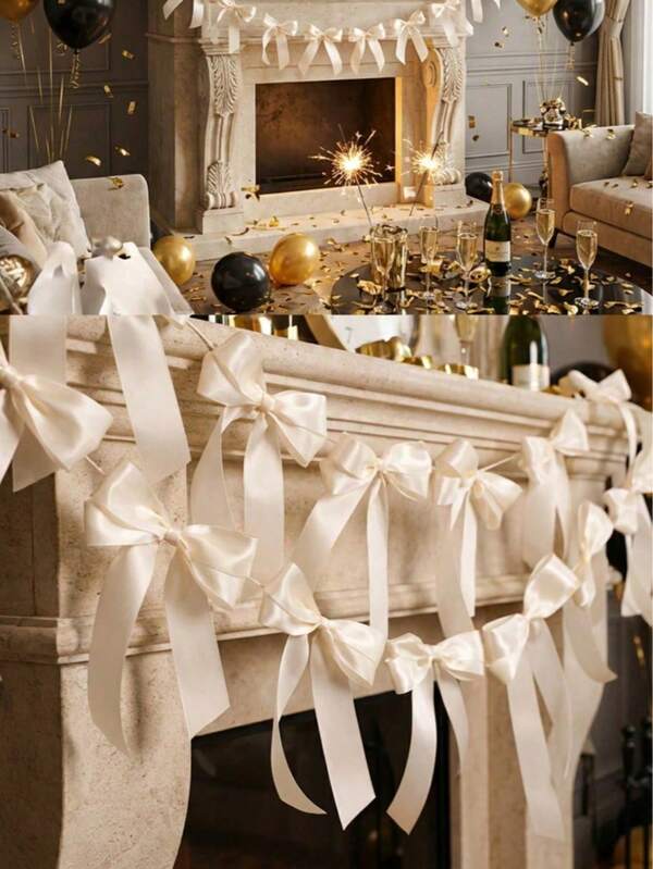 1pc Cream Satin Bow Garland, Suitable For Wedding, Bridal Shower, Baby Shower, Birthday Party, Engagement Celebration, Anniversary, Photo Booth Backdrop, Fireplace Decor, Wedding Arch Decoration, Table Centerpiece, Romantic Style Room Decor, Indoor/Outdoor Party Supplies, Romantic Wedding Decoration, And Home/Event Wall Hanging Garland