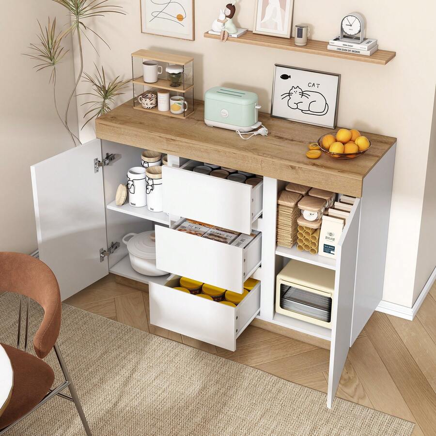 Sideboard With 3 Drawers And 2 Doors - White+Oak - 白色和橡木 - 查看 1