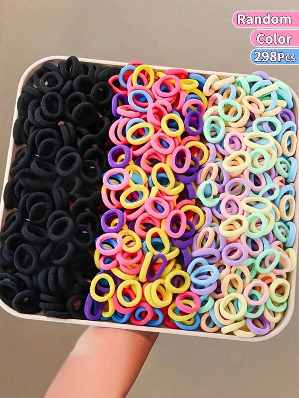 298pcs Kids Colorful Large Capacity Hair Ties - High Elasticity Non-Damaging Hair Bands, Super Value Family Kids Set, Random Color Hair Accessories