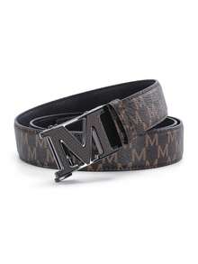 Men Monogram M Letter Automatic Buckle PU Leather Belt, Business Casual Waist Strap For Jeans Pants - Multicolor - View 8