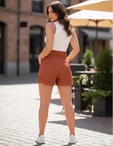 Women's High-Waisted Linen Shorts With Slant Pockets Elegant Casual Social Summer Comfortable Fashion Shorts - 亮橙色 - 查看 2