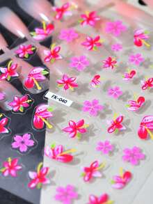 1pc Embossed Thin Flexible Hand-Painted Pink Floral Nail Stickers, Spring Theme, Shiny Glossy Effect, Asymmetrical Shape, Fresh Style, INS, Suitable For Women's Manicure, Foot Care, Holiday Decoration - Multicolor - View 5