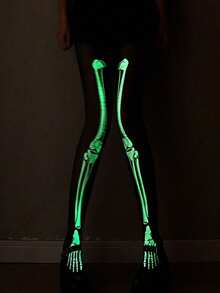 3pairs/1pair Halloween Glow-In-The-Dark Skeleton Tights – Luminous, Fluorescent Bone-Print Hosiery; Perfect For Halloween Parties, Costume Balls, And Horror-Themed Events. - One Size Fits All - View 4