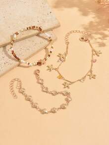 3pcs/Set Summer Vacation Style Rice Bead & Small Shell Chain Bracelet Set With Starfish And Crushed Stone, Women's Hand Jewelry For Daily Wear, Party And Vacation, Random Color Arrangement, Shape, Size And Quantity Of Rice Beads And Colored Crushed Stones - Multicolor - View 3