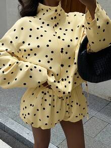 Women's Polka Dot 2 Pieces Set Shirt, Summer Vacation Outfit Yellow Elegant - Yellow - View 5
