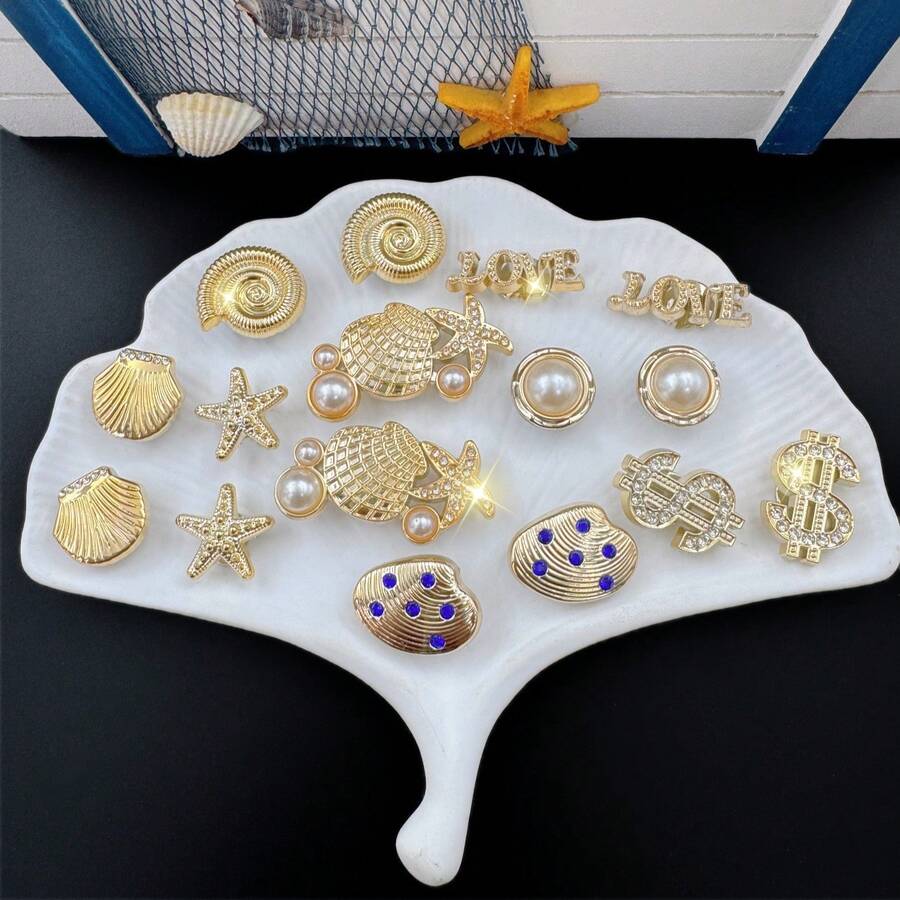 16件組金色海星貝殼硬幣鞋飾，可拆卸花園鞋與涼鞋配件，節日禮物 - 金色 - 查看 1