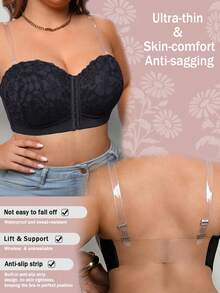 Women's Plus Size Floral Lace Front Closure Strapless Bra, Comfortable And Breathable, Push-Up Side Support, Multi-Row Hook And Eye, Detachable Transparent Straps - Black - View 5