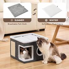 Large Cat Cave Bed With Scratching Board And Fluffy Ball Foldable Cat Cozy House 41X41X32CM - Grey - View 10