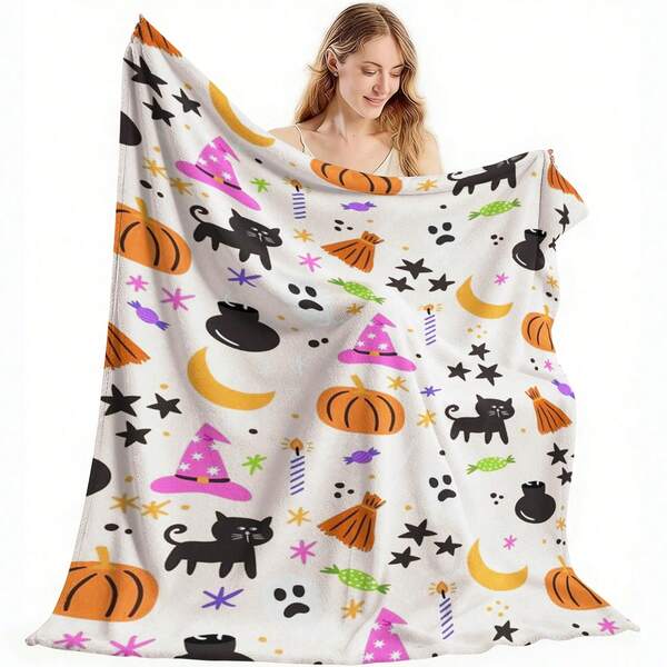 1 Comfortable Flannel Blanket - Halloween Theme Cartoon Pumpkin Broom Black Cat Hat Pattern Minimalist Design, Black And White Digital Printed Pattern - Perfect For Living Room And Camping - Ideal Gift For Family, Friends, Classmates