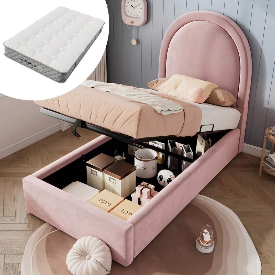 Kids Bed Frame 90 X 200 Cm Pink Velvet - 粉色 - 查看 1