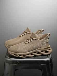 Men's Minimalist Solid Color Knit Mesh Breathable Hollow Bottom Shock-Absorbing Running Shoes, Lightweight Soft Comfortable Casual Sports Shoes For Outdoor Daily Commute - Khaki - View 6