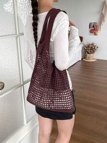 Casual Versatile Crochet Knit Large Capacity Shoulder Bag - Brown - View 8