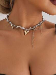 1 pieza Collar con colgante de corazón y borla para mujer, cadena minimalista de moda para la clavícula con cadena de metal asimétrica con cuentas, adecuado para uso diario y casual (accesorios de cuentas dispuestos aleatoriamente a lo largo de la cadena) - Dorado + Plateado - Ver 4