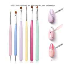 6Pcs Double Ended Nail Art Brushes Set, Macaron Color Handle Nail Design Tools, Dotting Pen & Painting Brush For Gel Polish Drawing, DIY & Professional Salon Manicure Accessories - Multicolor - View 3