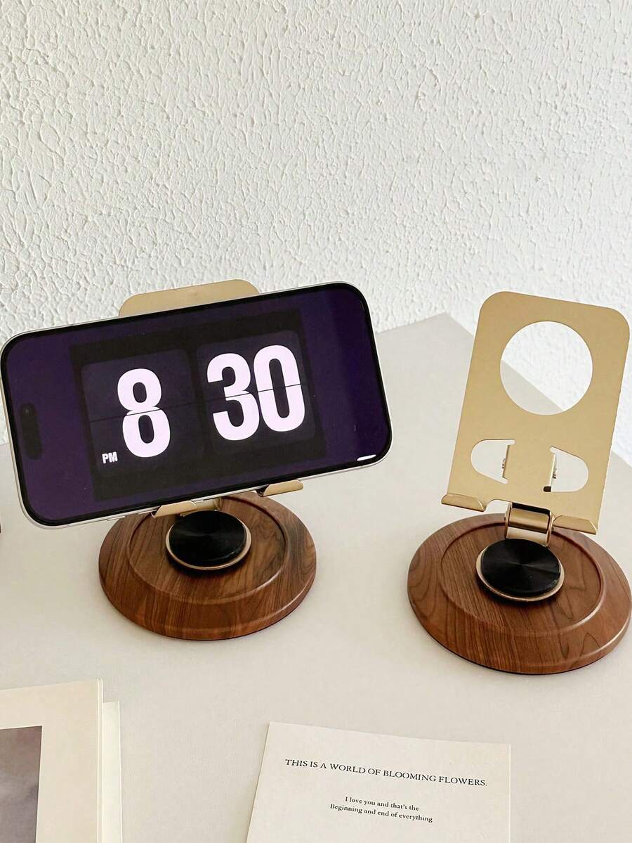 360° Rotating Wooden Base Phone Stand, Adjustable Folding Metal Desktop Phone Holder, Universal Slouchy Bracket For Smartphones And Tablets, Luxury Gold, Suitable For Live Streaming, Office, Home Use, Portable Phone Accessory Gift - Multicolor - View 1