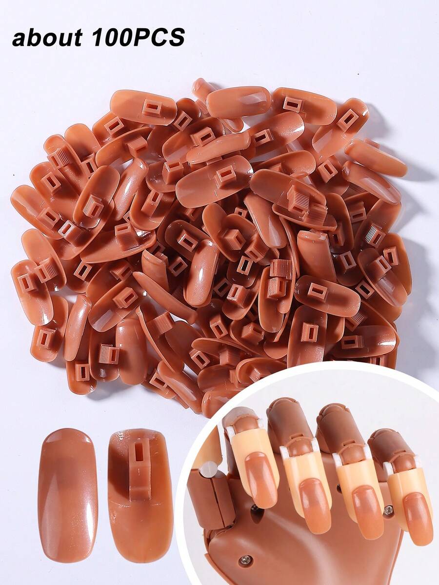 100pcs Brown Transparent Reusable Practice Nail Tips, Suitable For Manicure Training Hand, Adjustable Clip-On False Nails, Replaceable Nail Art Training Tips, Professional DIY Manicure Practice Tool, Suitable For Beginner Nail Artists - Multicolor - View 1