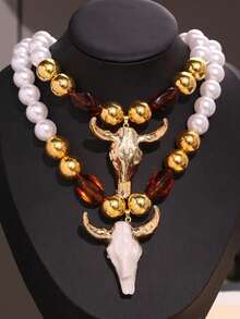1pc Beach Vacation Fashion Unique Personalized Casual Design Bull Head Beaded Necklace, Men's Daily Holiday Party Wear Jewelry - Multicolor - View 2