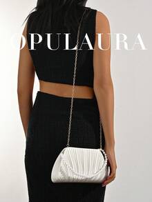 OpulAura 女款優雅人造珍珠緞面晚宴手拿包，浪漫婚禮包，精緻迷人的正式禮服晚宴包，百褶設計精緻手提包，適合晚宴/舞會/生日派對/正式場合，適合作為節日禮物 - 白色 - 查看 9