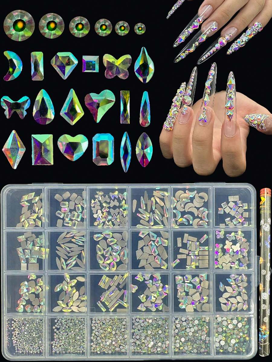 KIRAME 24格 DIY 美甲 K9 玻璃 AB 平底水鑽套組，每格 20 顆高光水鑽，附 1 支水鑽筆，美甲寶石，適用於美甲沙龍、居家美甲、美甲用品，聖誕、夏季與旅行美甲，節日禮物