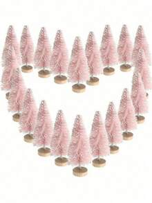 6pcs/1pc Mini Bottle Brush Christmas Tree With Wooden Base, Christmas Decoration, Artificial Plastic Mini Tree Handmade Ornament, Winter Snowy Christmas Table Party Decor (Pink) - Pink - View 1