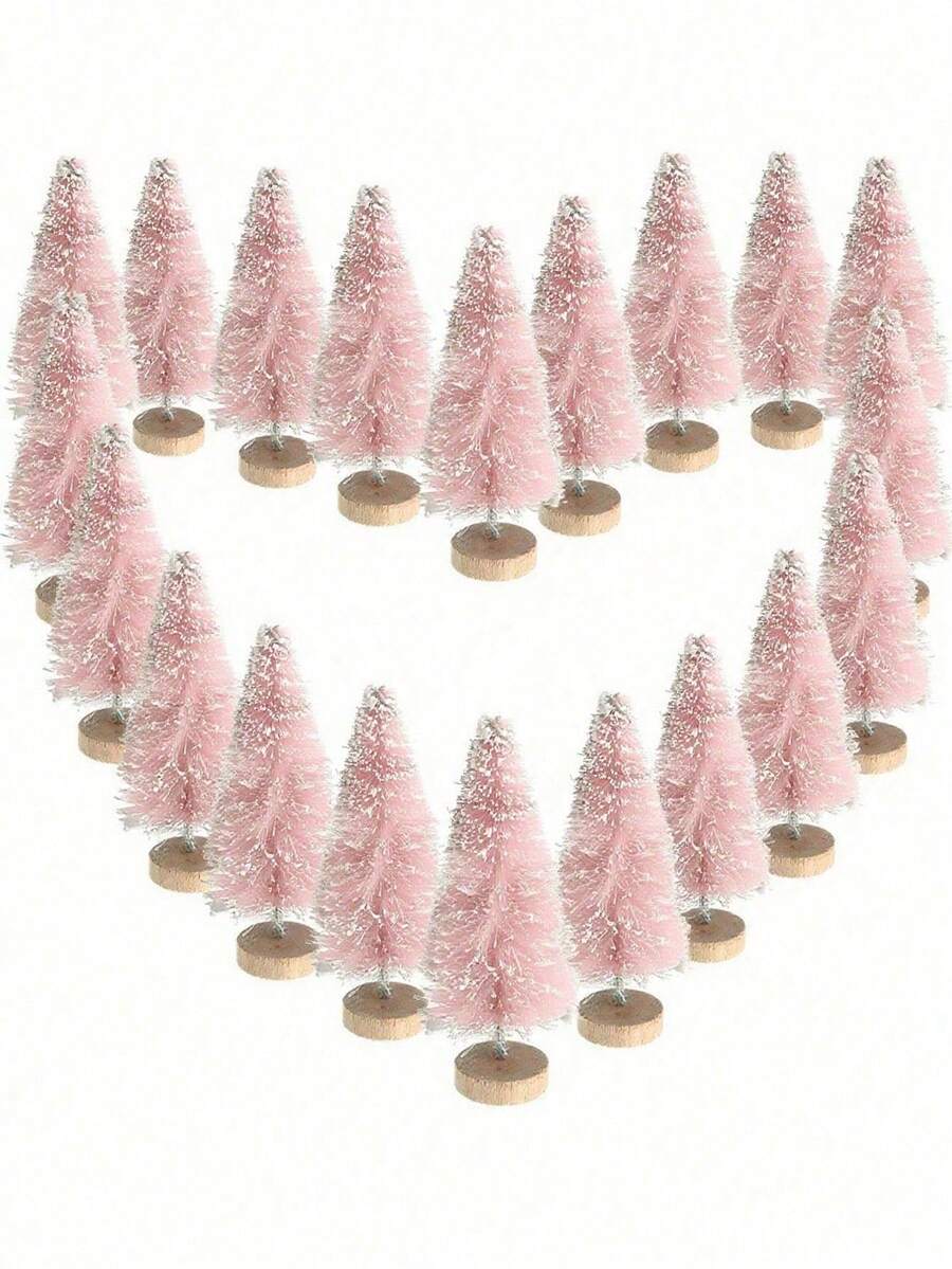 6pcs/1pc Mini Bottle Brush Christmas Tree With Wooden Base, Christmas Decoration, Artificial Plastic Mini Tree Handmade Ornament, Winter Snowy Christmas Table Party Decor (Pink) - Pink - View 1
