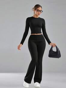 imisic Women's Slim Fit Long Sleeve 2 Pieces Loungewear Set, Folded Waist Flare Pants, Soft Elastic Tummy Control Shaping Sleepwear Set - Black - View 6