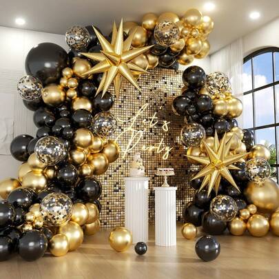 Jenlion 117-Piece Black And Gold Balloon Arch Set, In Various Sizes, Includes Gold Popping Stars And Glitter Foil Paper. Suitable For Birthday Parties, Weddings, Bachelor/Bachelorette Parties, Anniversaries, And Babyshower Decorations.