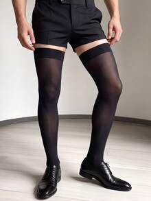 2 Pairs Men's Solid Color Sheer High Elastic Ultra-Thin Sexy Over-The-Knee Socks, Suitable For Party, Date, Daily Wear, Formal Business, Office - Black - View 3