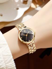 Women's Luxury Rhombus Patchwork Alloy Band Quartz Watch, Classic Minimalist Dial Bracelet Wristwatch, Gift For Girlfriend (1pc/Set) Watch Box Not Included - Gold - View 7