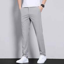 Ultra-Thin Elastic Men's Casual Trousers Summer Quick-Drying Ice Silk Slim Straight Business Solid Color Trousers Black Gray - Light Grey - View 2