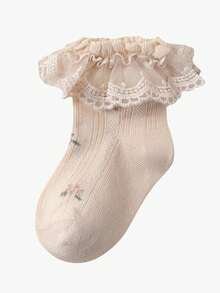 4 Pairs Girls Baby Spring Summer Lotus Leaf Ruffle Lace Pink Embroidered Floral Mesh Breathable Fashion Princess Socks, Dance Socks, Suitable For Home Daily Wear/Travel/Back To School - Multicolor - View 4