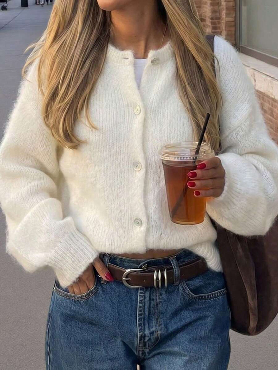 Women's Apricot Button Front Cardigan Sweater Jacket, Fashion Commuter Style, Autumn/Winter - Apricot - View 1